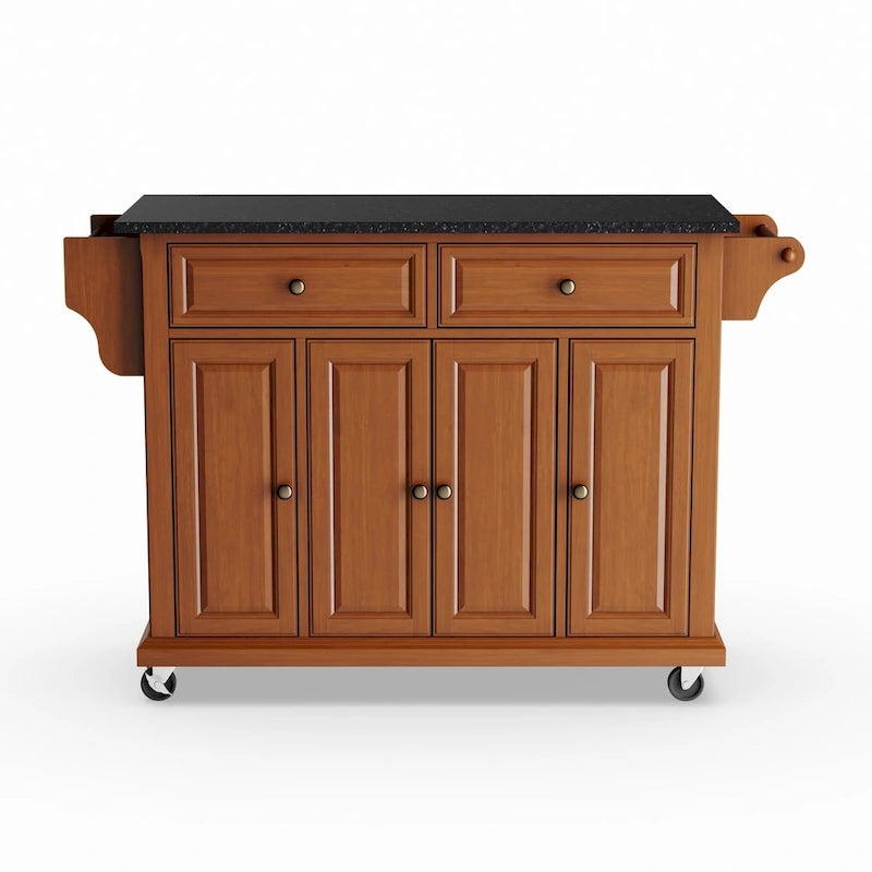 Crosley Full Size Solid Black Granite Top Classic Cherry Finish Kitchen Cart - 18d x 51.5w x 36h