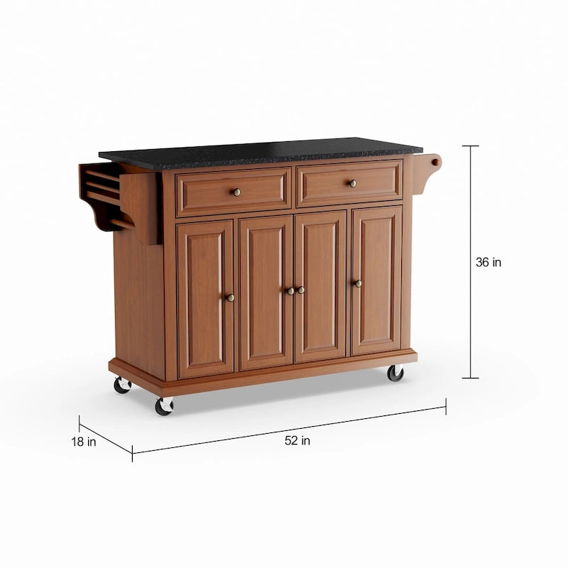 Crosley Full Size Solid Black Granite Top Classic Cherry Finish Kitchen Cart - 18d x 51.5w x 36h