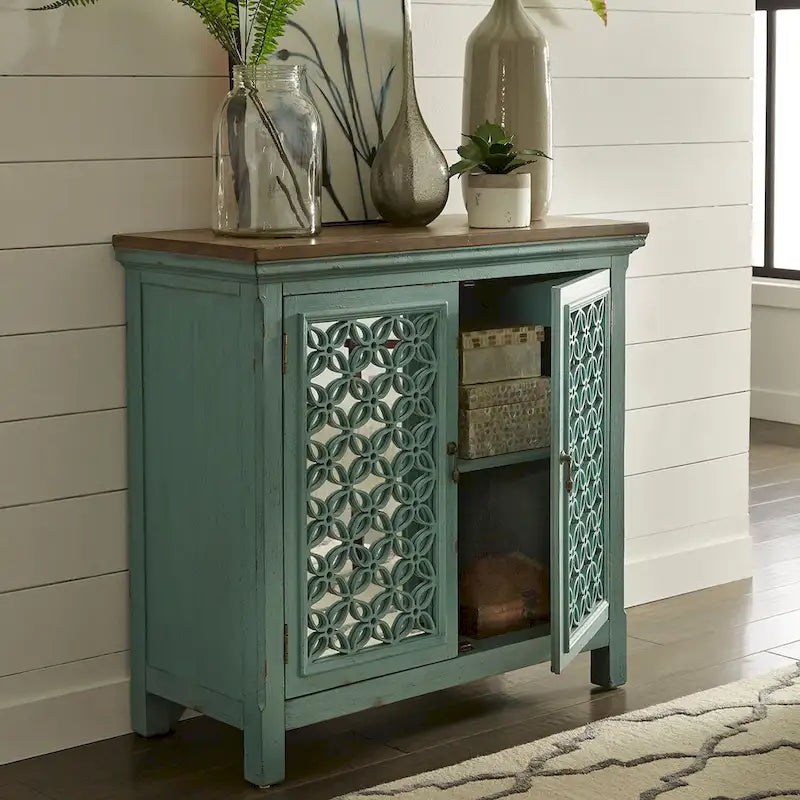 Kensington Turquoise W/ Worn Wood Tone Top 2 Door Accent Cabinet