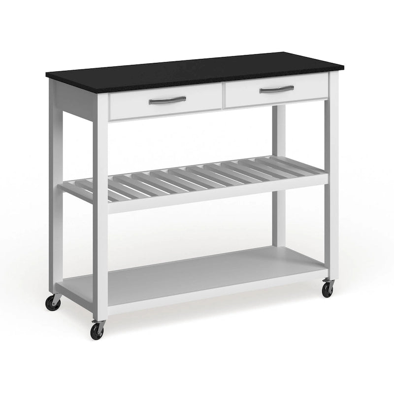 Crosley Solid Black Granite Top Kitchen Cart/ Island With Optional Stool Storage in White Finish - 17d x 43w x 35h