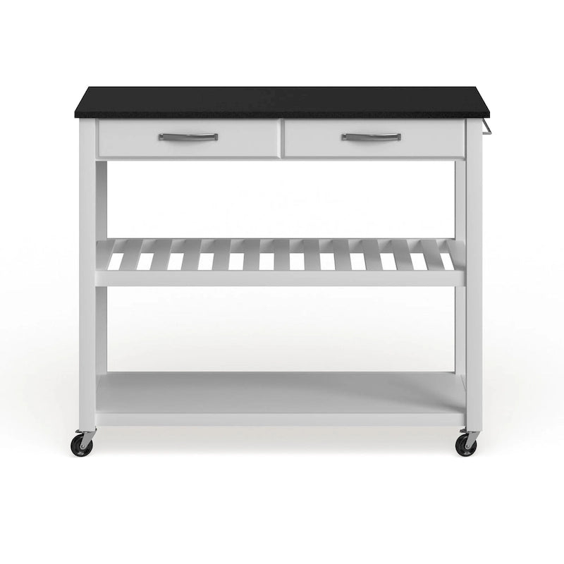 Crosley Solid Black Granite Top Kitchen Cart/ Island With Optional Stool Storage in White Finish - 17d x 43w x 35h