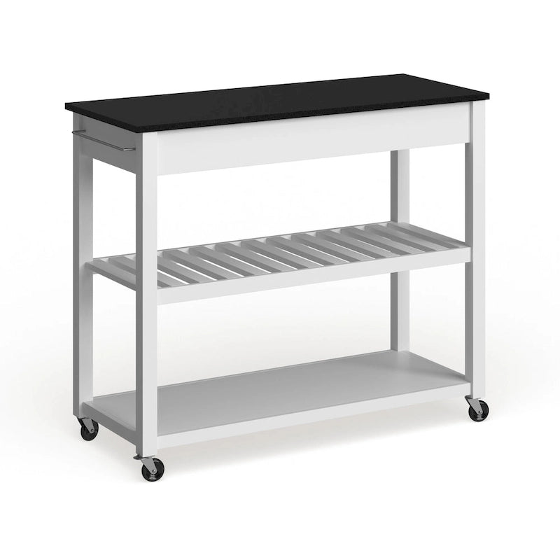 Crosley Solid Black Granite Top Kitchen Cart/ Island With Optional Stool Storage in White Finish - 17d x 43w x 35h