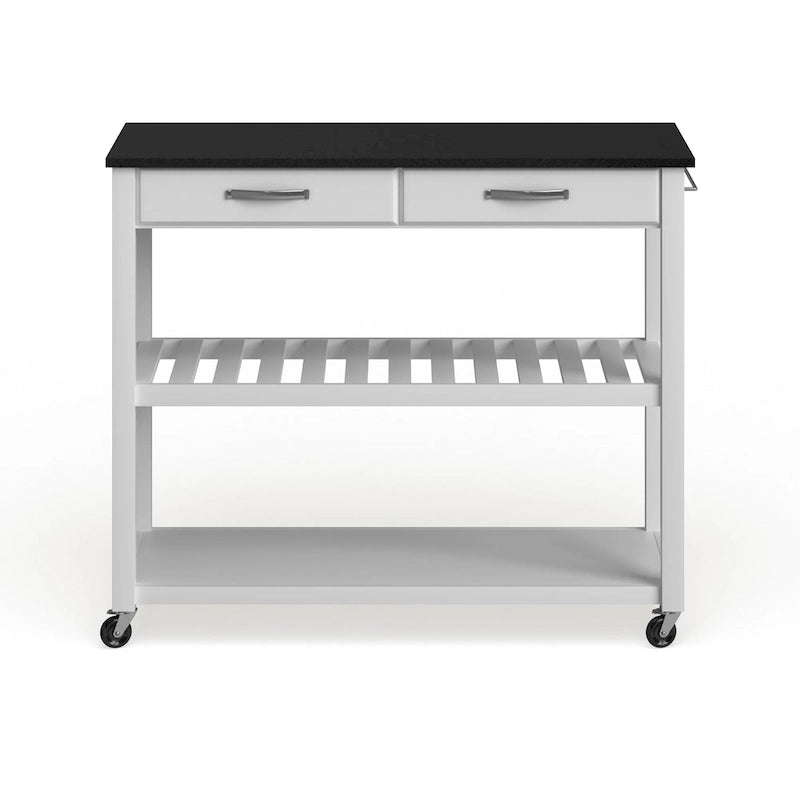 Crosley Solid Black Granite Top Kitchen Cart/ Island With Optional Stool Storage in White Finish - 17d x 43w x 35h