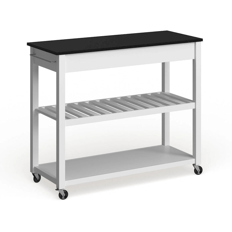 Crosley Solid Black Granite Top Kitchen Cart/ Island With Optional Stool Storage in White Finish - 17d x 43w x 35h