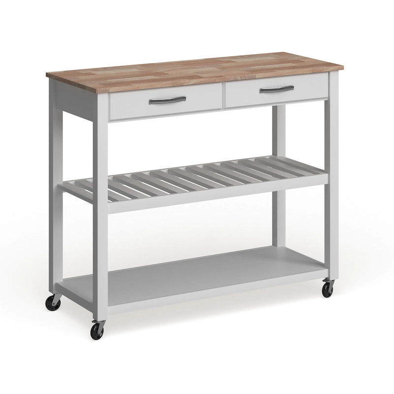 Crosley Natural Wood Top Kitchen Cart/ Island With Optional Stool Storage in White Finish - 17d x 43w x 35h