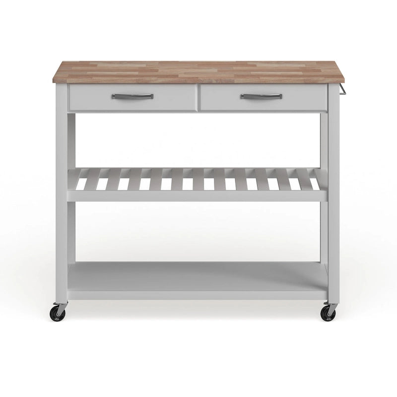 Crosley Natural Wood Top Kitchen Cart/ Island With Optional Stool Storage in White Finish - 17d x 43w x 35h