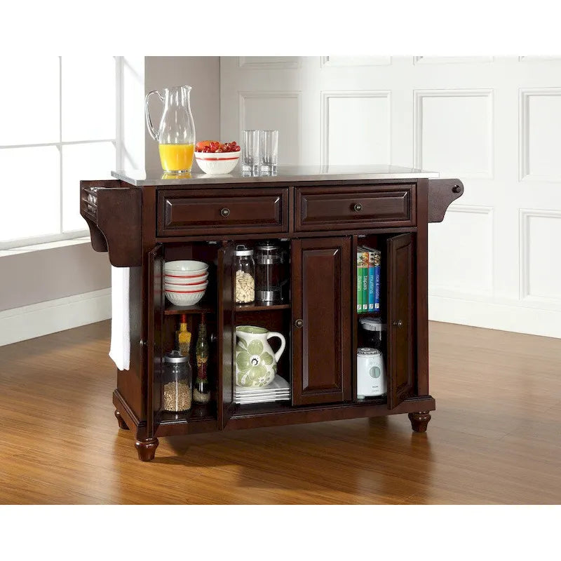 Crosley Cambridge Stainless Steel Top Kitchen Island in Vintage Mahogany Finish - 18d x 51.5w x 34h