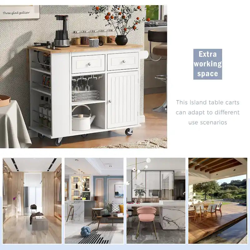 Kitchen Island with Power Outlet,Kitchen Storage Island with Drop Leaf and Rubber Wood - N/A