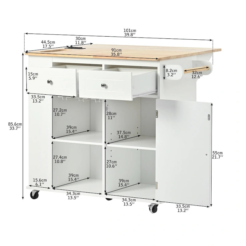 Kitchen Island with Power Outlet,Kitchen Storage Island with Drop Leaf and Rubber Wood - N/A