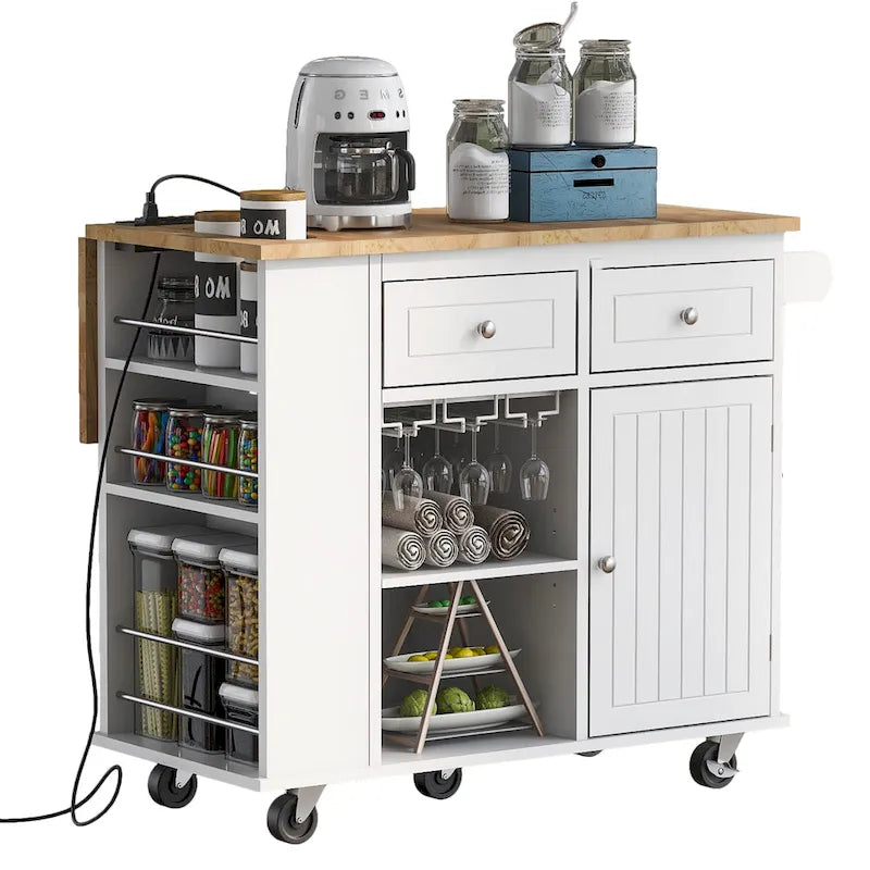 Kitchen Island with Power Outlet,Kitchen Storage Island with Drop Leaf and Rubber Wood - N/A