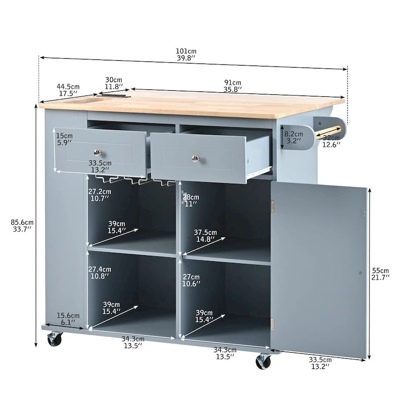 Kitchen Island with Power Outlet,Kitchen Storage Island with Drop Leaf and Rubber Wood - N/A