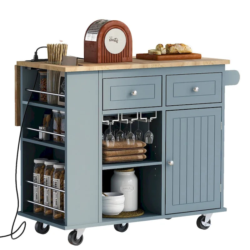 Kitchen Island with Power Outlet,Kitchen Storage Island with Drop Leaf and Rubber Wood - N/A