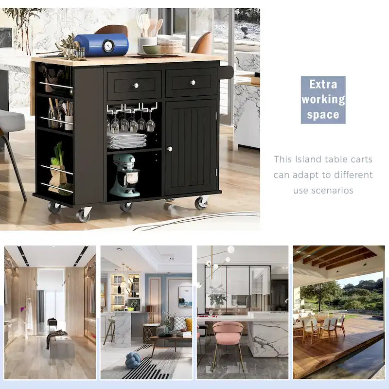 Kitchen Island with Power Outlet,Kitchen Storage Island with Drop Leaf and Rubber Wood - N/A