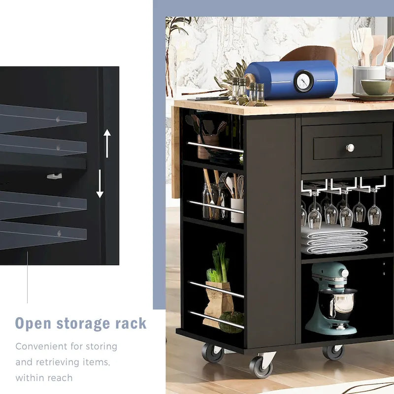 Kitchen Island with Power Outlet,Kitchen Storage Island with Drop Leaf and Rubber Wood - N/A