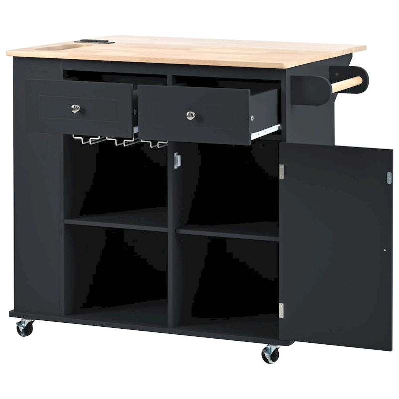 Kitchen Island with Power Outlet,Kitchen Storage Island with Drop Leaf and Rubber Wood - N/A