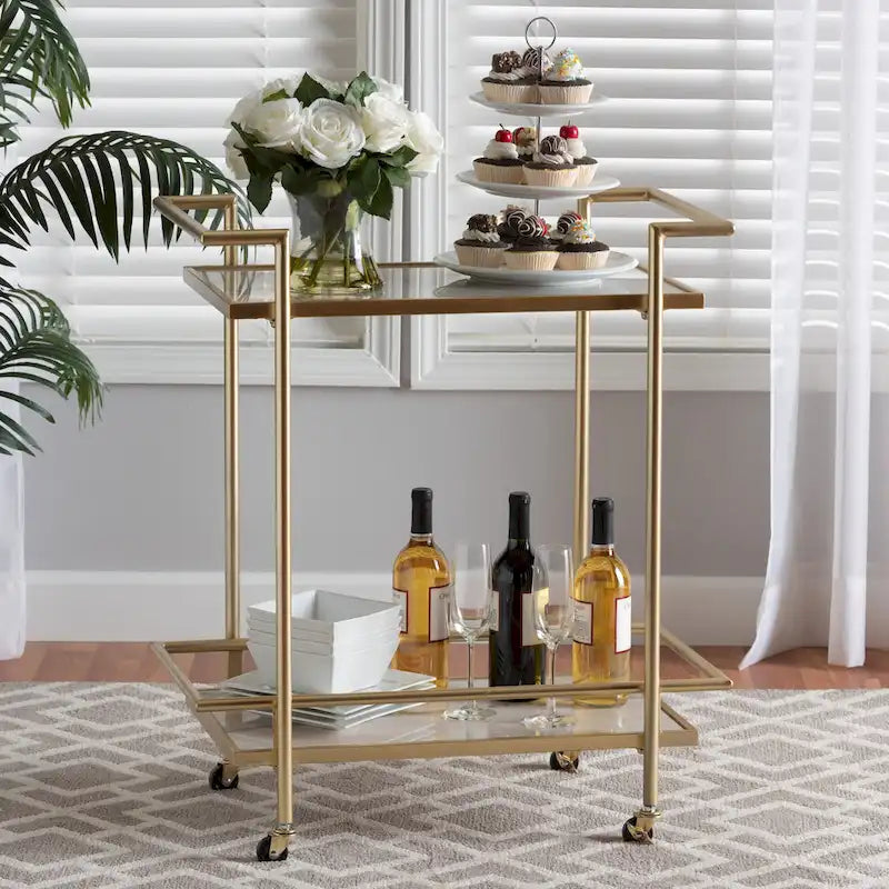 Louise Contemporary Glam and Luxe Gold Metal and White Marble 2-Tier Wine Cart