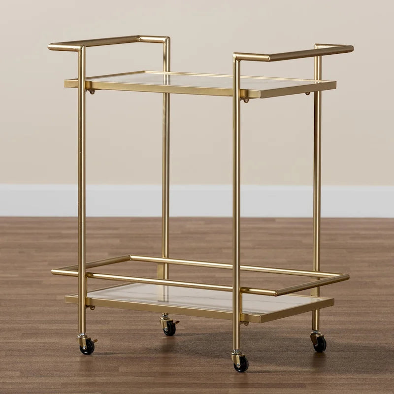 Louise Contemporary Glam and Luxe Gold Metal and White Marble 2-Tier Wine Cart