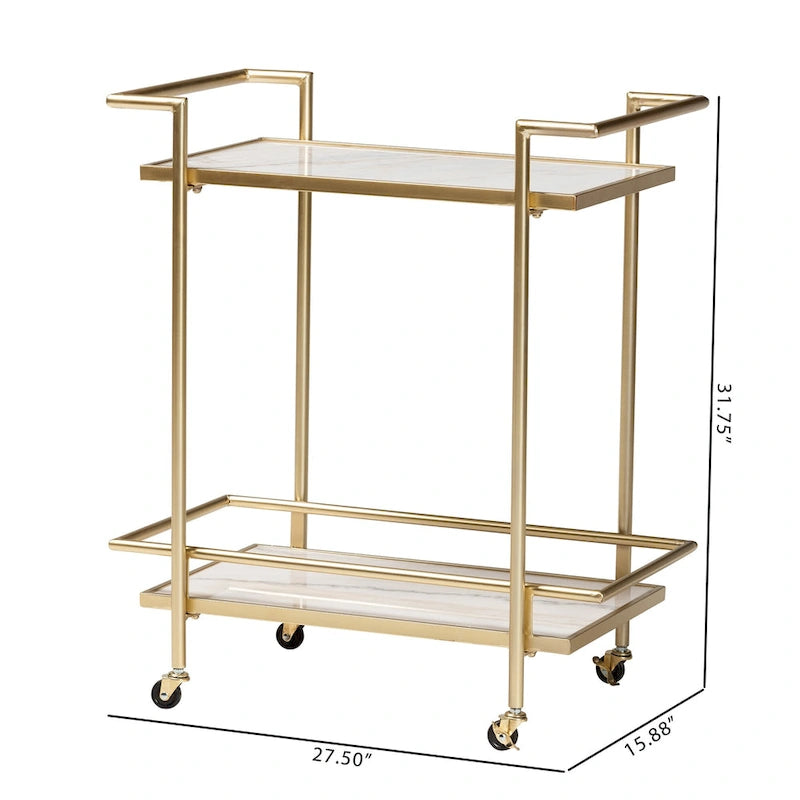 Louise Contemporary Glam and Luxe Gold Metal and White Marble 2-Tier Wine Cart