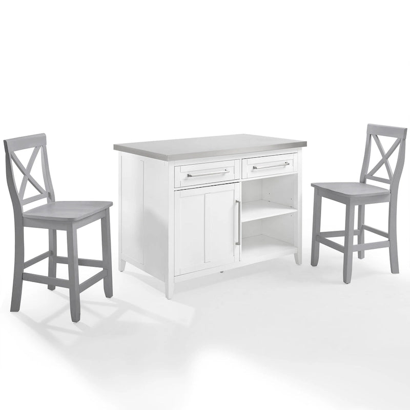 Crosley Silvia Stainless Steel Top Kitchen Island W/X-Back Stools - 57d x 46w x 41h