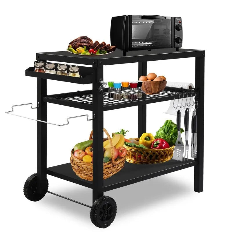 Outdoor Grill Cart Movable BBQ Trolley Food Prep Cart with Two Wheels & Hooks - N/A