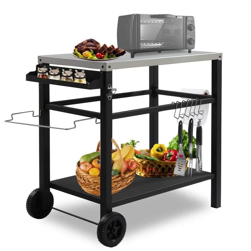 Outdoor Grill Cart Movable BBQ Trolley Food Prep Cart with Two Wheels & Hooks - N/A