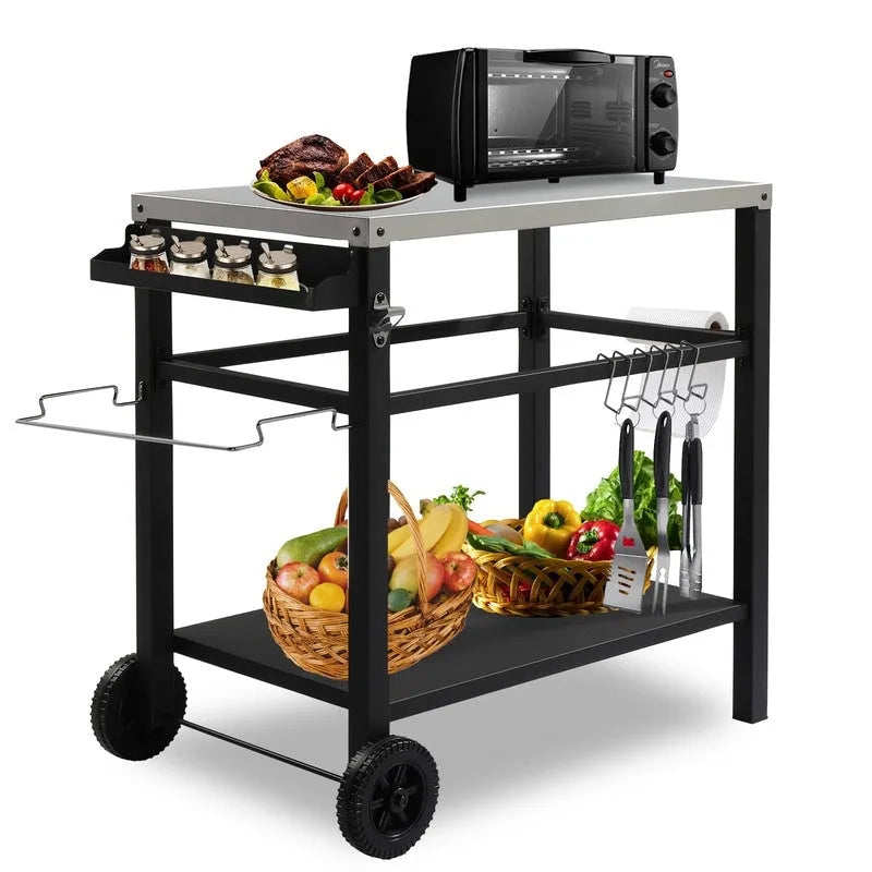 Outdoor Grill Cart Movable BBQ Trolley Food Prep Cart with Two Wheels & Hooks - N/A