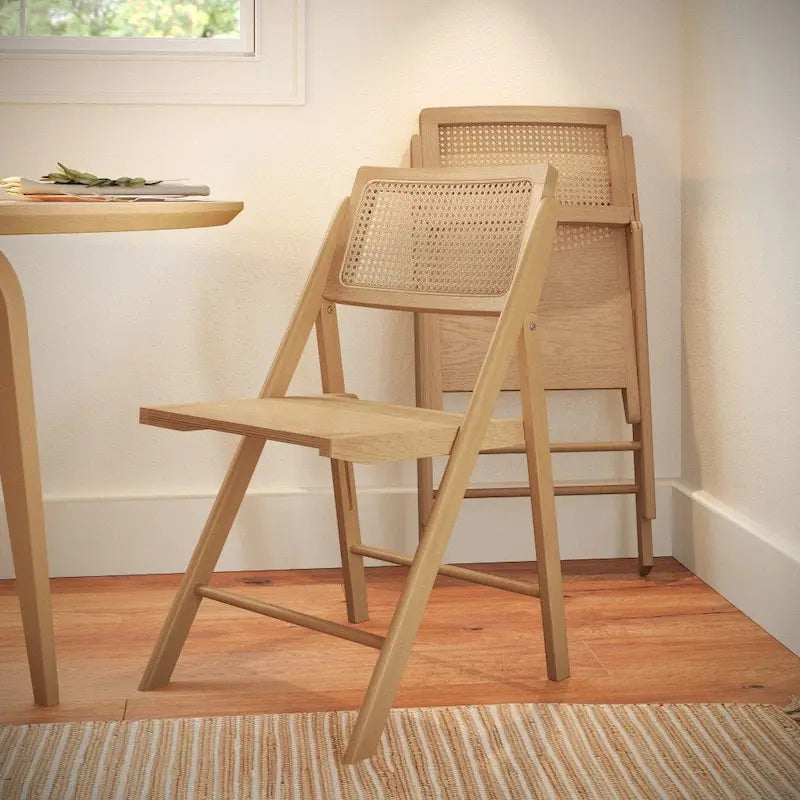 2 Pack Commercial Cane Rattan Folding Chairs - Wood Backs and Seats