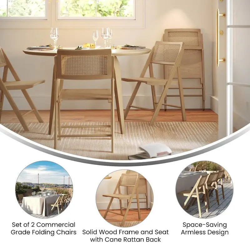 2 Pack Commercial Cane Rattan Folding Chairs - Wood Backs and Seats
