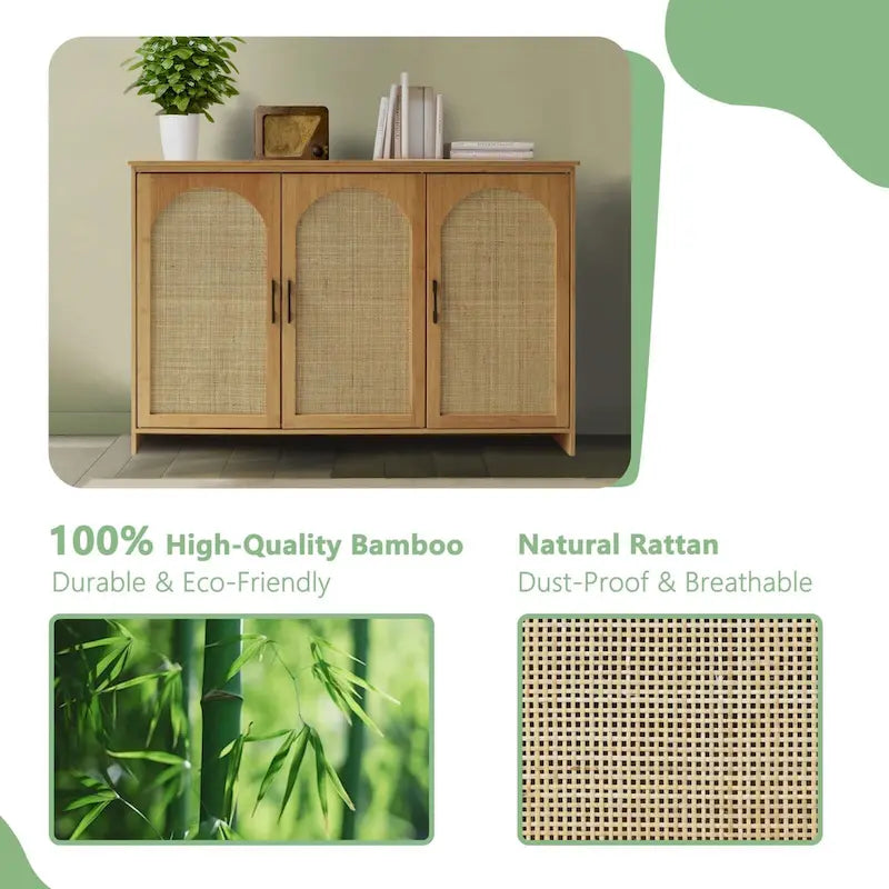 VEIKOUS 3-Door Natural Rattan Bamboo Sideboard Buffet Kitchen Storage Cabinet