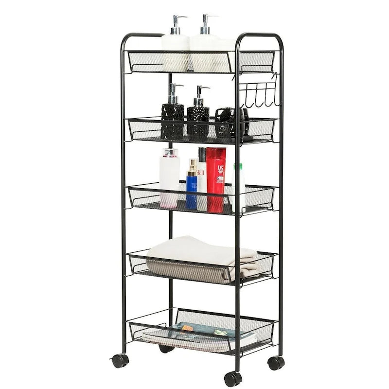 5 Tier Mesh Rolling File Utility Cart Storage Basket - 17 x 10 x 41 (L x W x H)