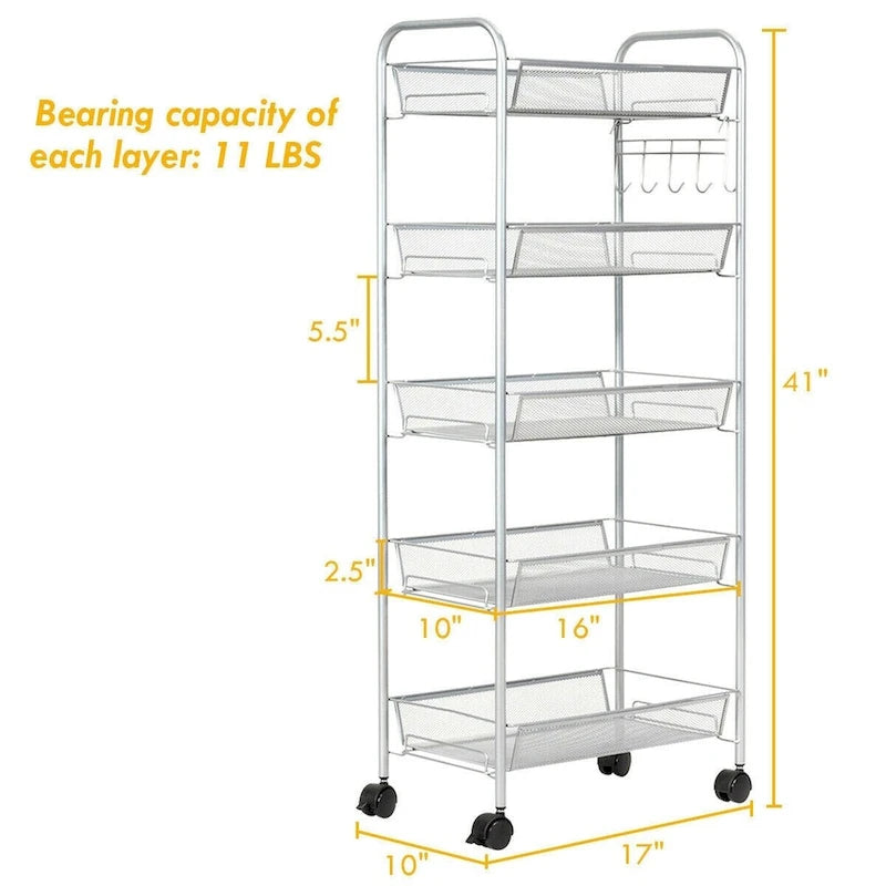 5 Tier Mesh Rolling File Utility Cart Storage Basket - 17 x 10 x 41 (L x W x H)
