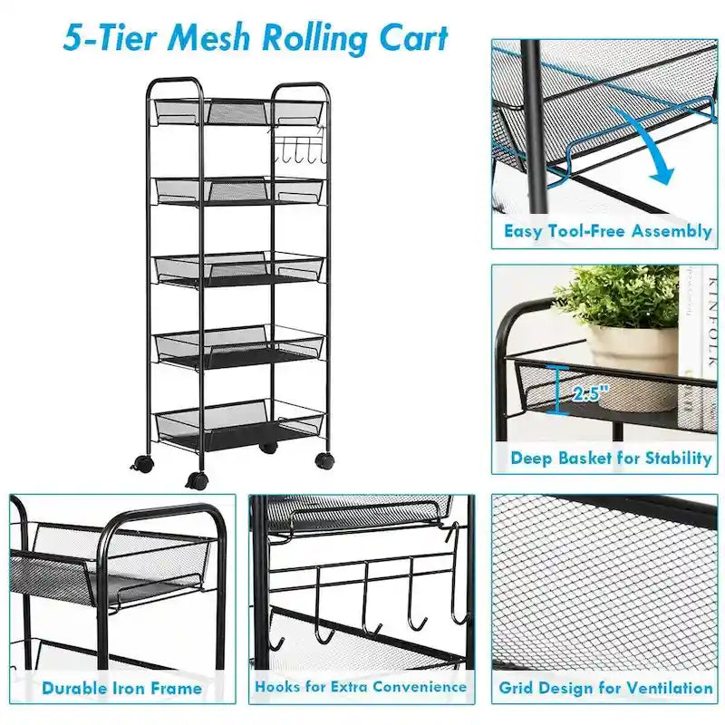 5 Tier Mesh Rolling File Utility Cart Storage Basket - 17 x 10 x 41 (L x W x H)