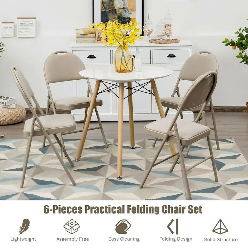 6 Pack Folding Chairs Portable Padded Office Kitchen Dining Chairs-Beige - 18.5 x 20 x 35 (L x W x H)