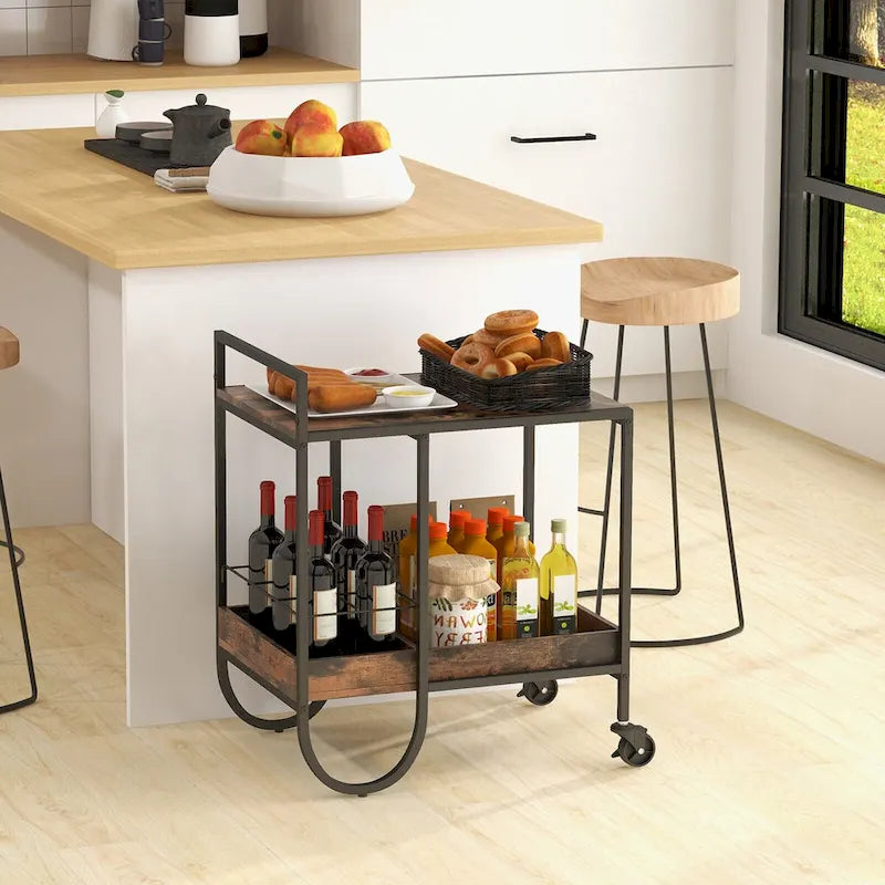 Rolling Buffet Serving Cart with Removable Metal Wire Wine Rack-Brown - 24 x 17 x 29 (L x W x H)