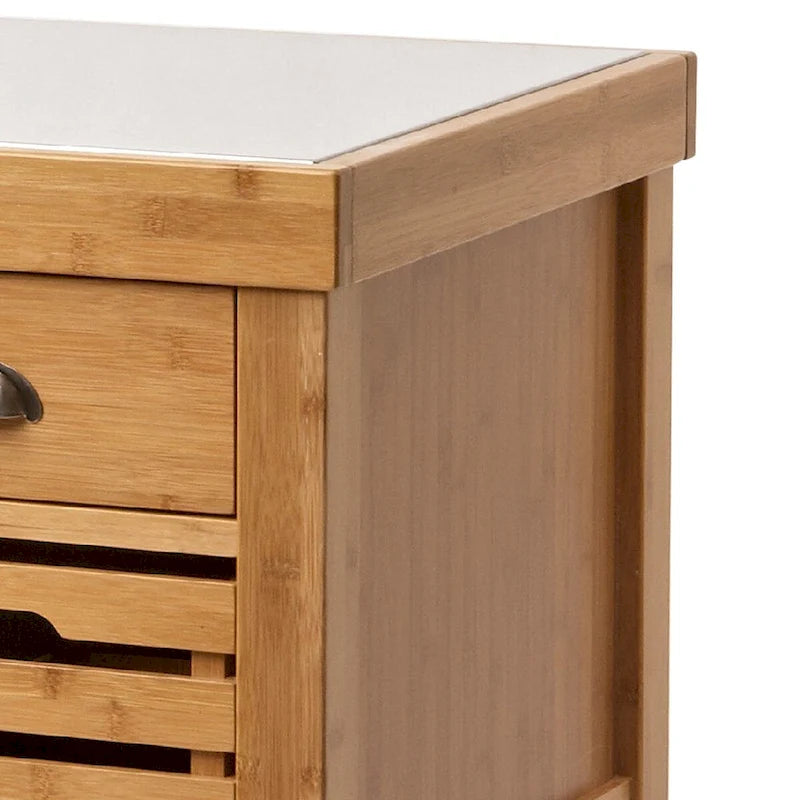 36 Inch Bamboo Kitchen Cart Island, 2 Drawers, Stainless Steel Top, Brown - 22 L x 29 W x 36 H Inches