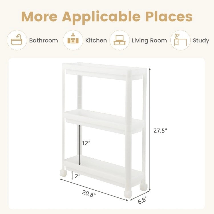 2 Pieces 3-Tier Slim Detachable Storage Cart with Drainage Holes and Wheels-White - 20.8 x 6.8 x 27.5