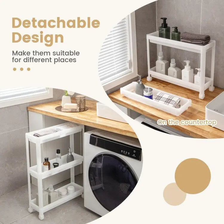 2 Pieces 3-Tier Slim Detachable Storage Cart with Drainage Holes and Wheels-White - 20.8 x 6.8 x 27.5