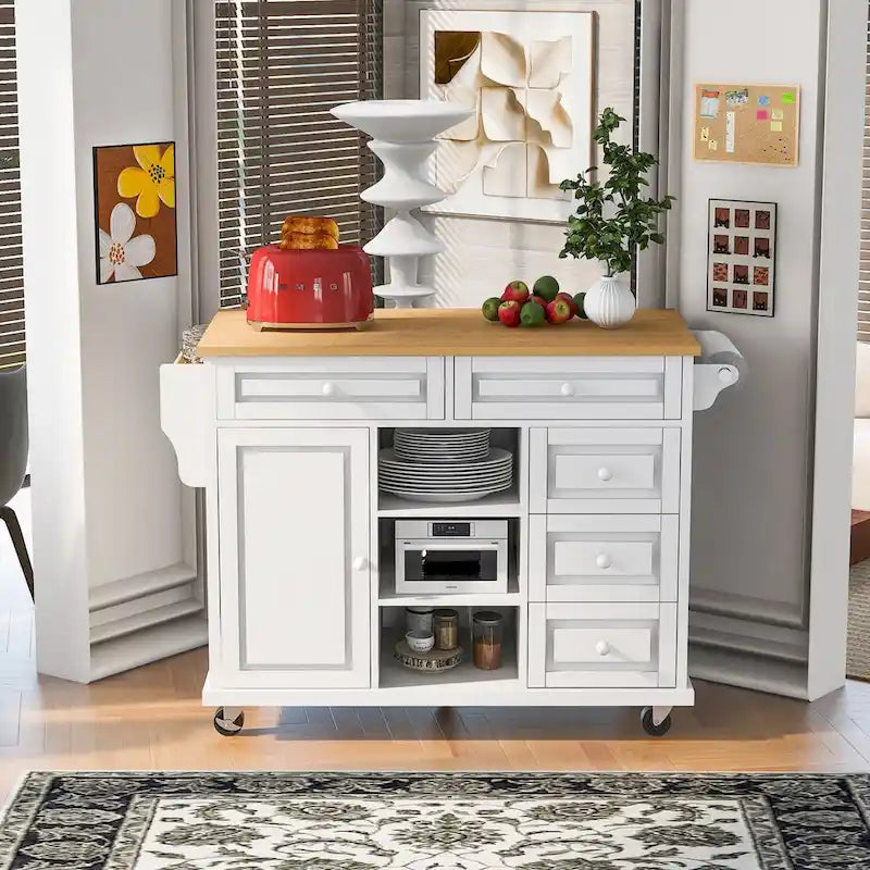 Rubber Wood Desktop Kitchen Cart Featuring Five Drawers, Concealed Cabinet, Adjustable Shelves and Smooth Rolling Wheels
