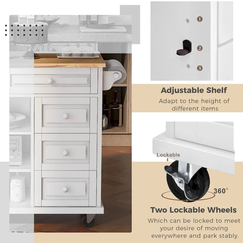 Rubber Wood Desktop Kitchen Cart Featuring Five Drawers, Concealed Cabinet, Adjustable Shelves and Smooth Rolling Wheels
