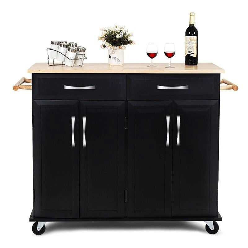 Black Kitchen Island Storage Cabinet Cart with Wood Top and Wheels - 48.5 x 18.5 x 36.5 (L x W x H)