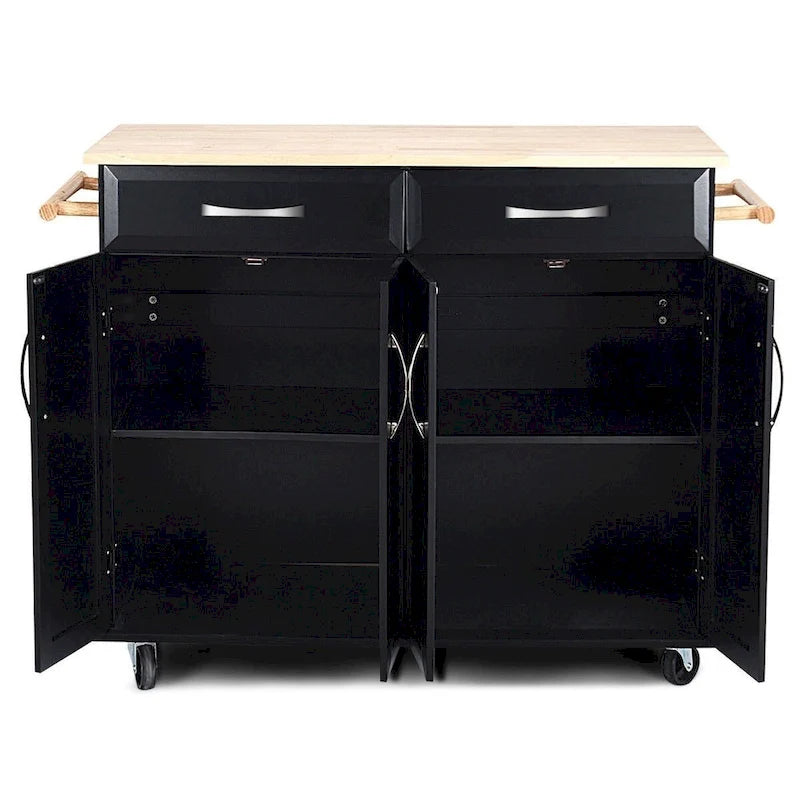 Black Kitchen Island Storage Cabinet Cart with Wood Top and Wheels - 48.5 x 18.5 x 36.5 (L x W x H)