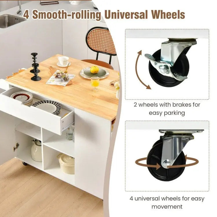 Drop-Leaf Kitchen Island with Rubber Wood Top - 49 x 30 x 36(L x W x H)
