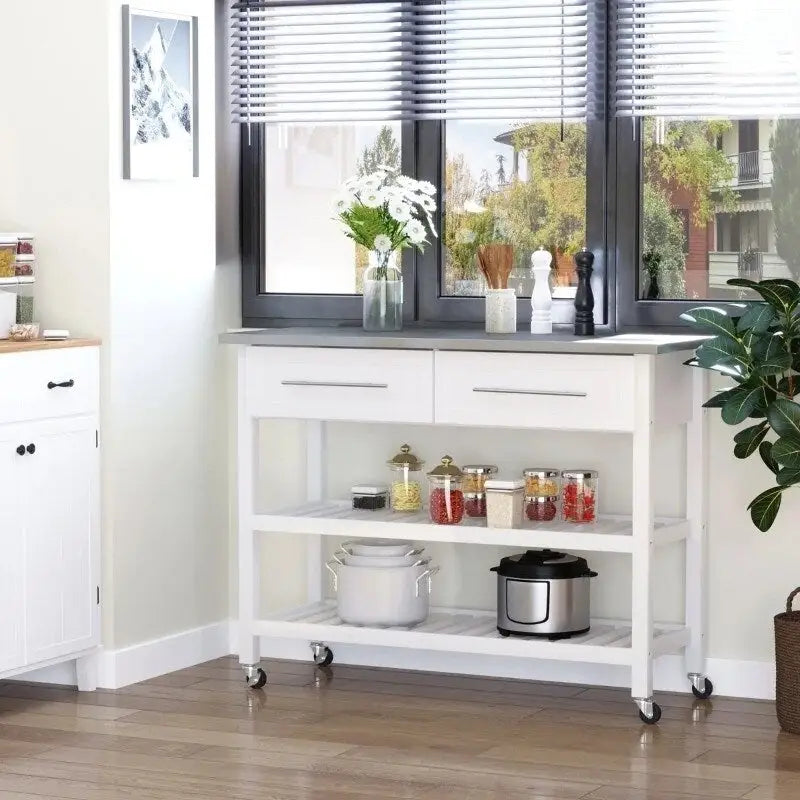 White Rolling Kitchen Island 2 Drawers Storage with Stainless Steel Top - 47.25L x 19.75W x 36 H