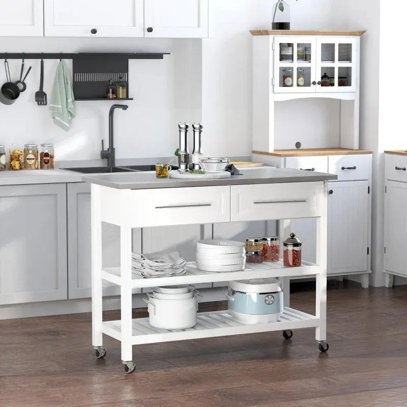 White Rolling Kitchen Island 2 Drawers Storage with Stainless Steel Top - 47.25L x 19.75W x 36 H