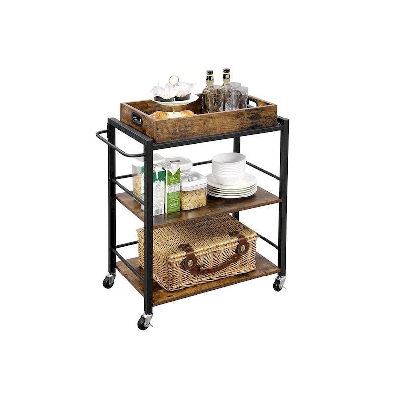 Rustic Brown Black Industrial Bar Cart with Removable Tray 3-Tier Storage and Lockable Wheels