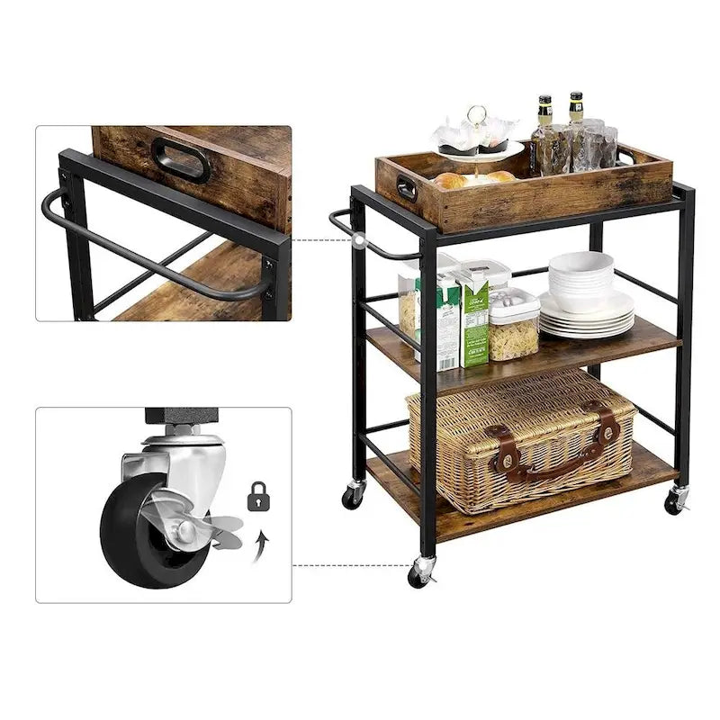 Rustic Brown Black Industrial Bar Cart with Removable Tray 3-Tier Storage and Lockable Wheels