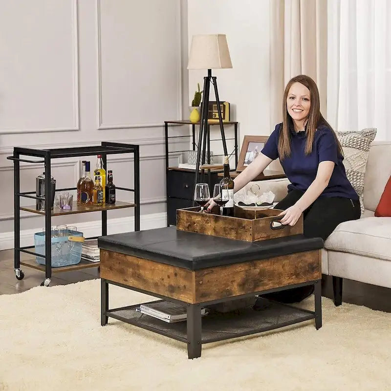 Rustic Brown Black Industrial Bar Cart with Removable Tray 3-Tier Storage and Lockable Wheels