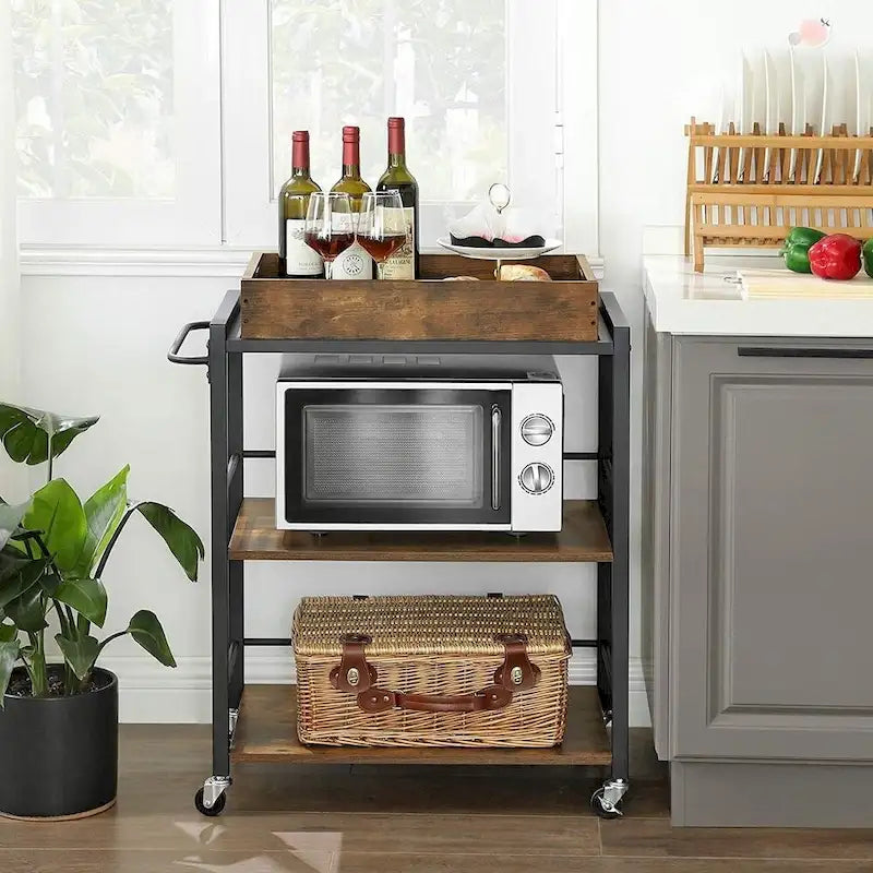 Rustic Brown Black Industrial Bar Cart with Removable Tray 3-Tier Storage and Lockable Wheels
