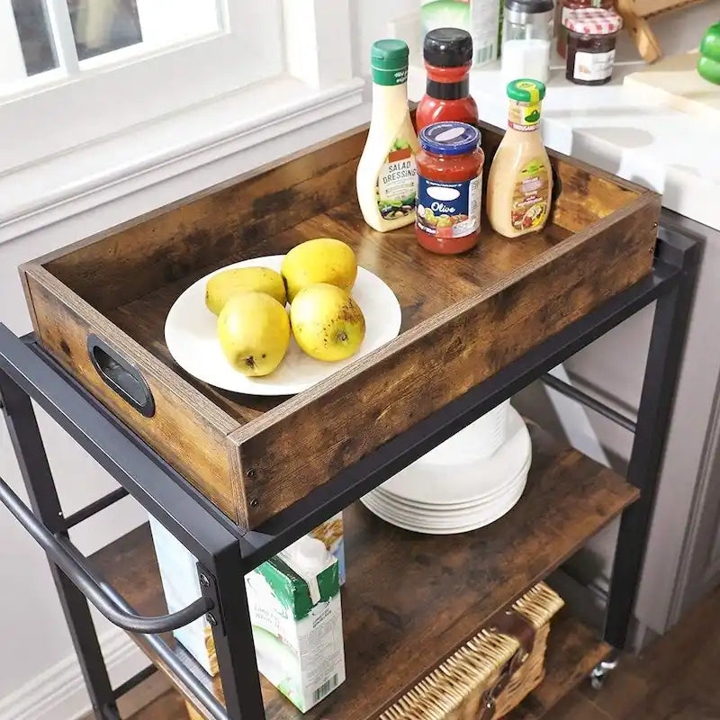 Rustic Brown Black Industrial Bar Cart with Removable Tray 3-Tier Storage and Lockable Wheels