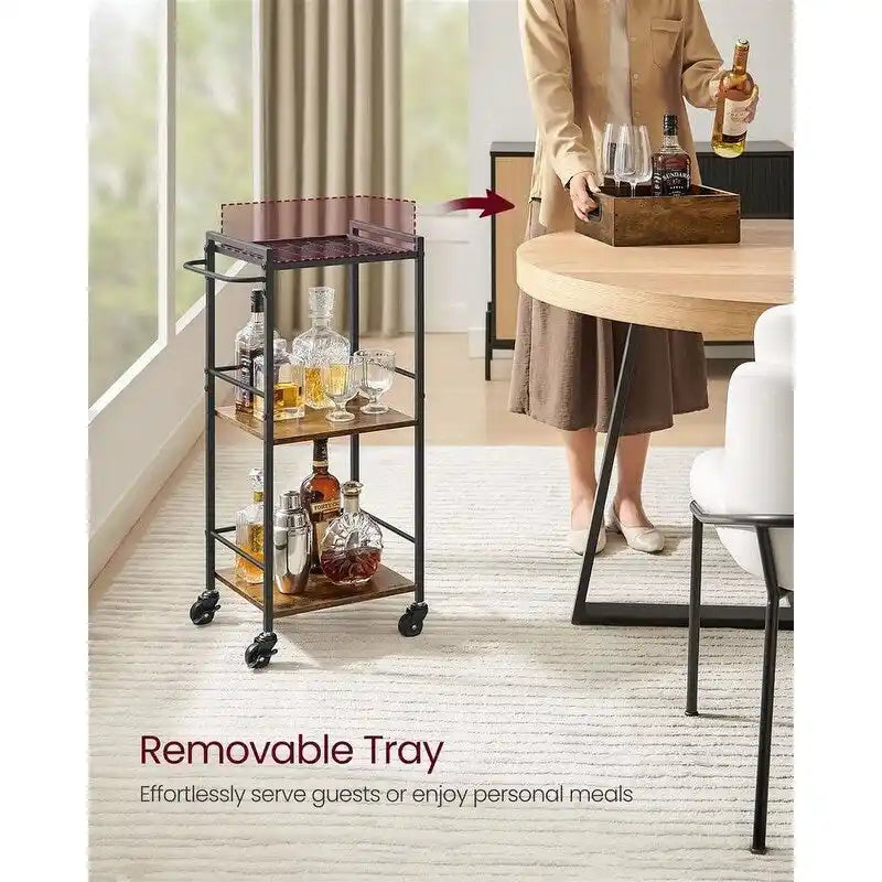 Rustic Brown Black Industrial Bar Cart with Removable Tray 3-Tier Storage and Lockable Wheels